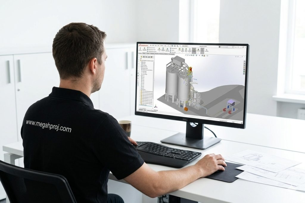 Engenheiro Megahproj projetando soluções industriais em 3D